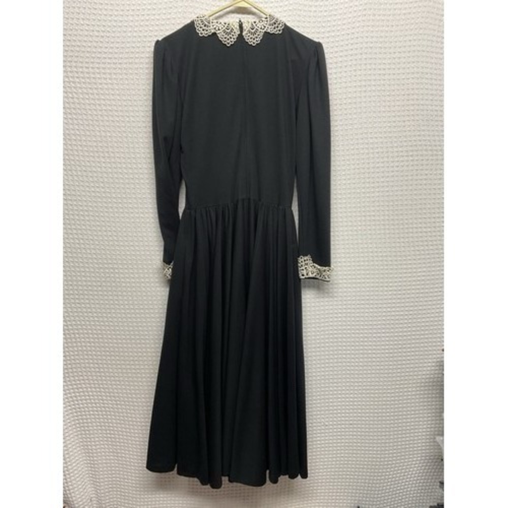 VTG Sabino Black Crochet Collar Cuff Waist Defined Midi Church Dress Women 12 US - Picture 8 of 10